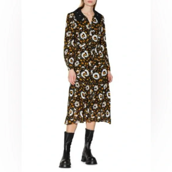 NWT Walter Baker Floral Black and Brown Midi Dress Sz S - Picture 2 of 5